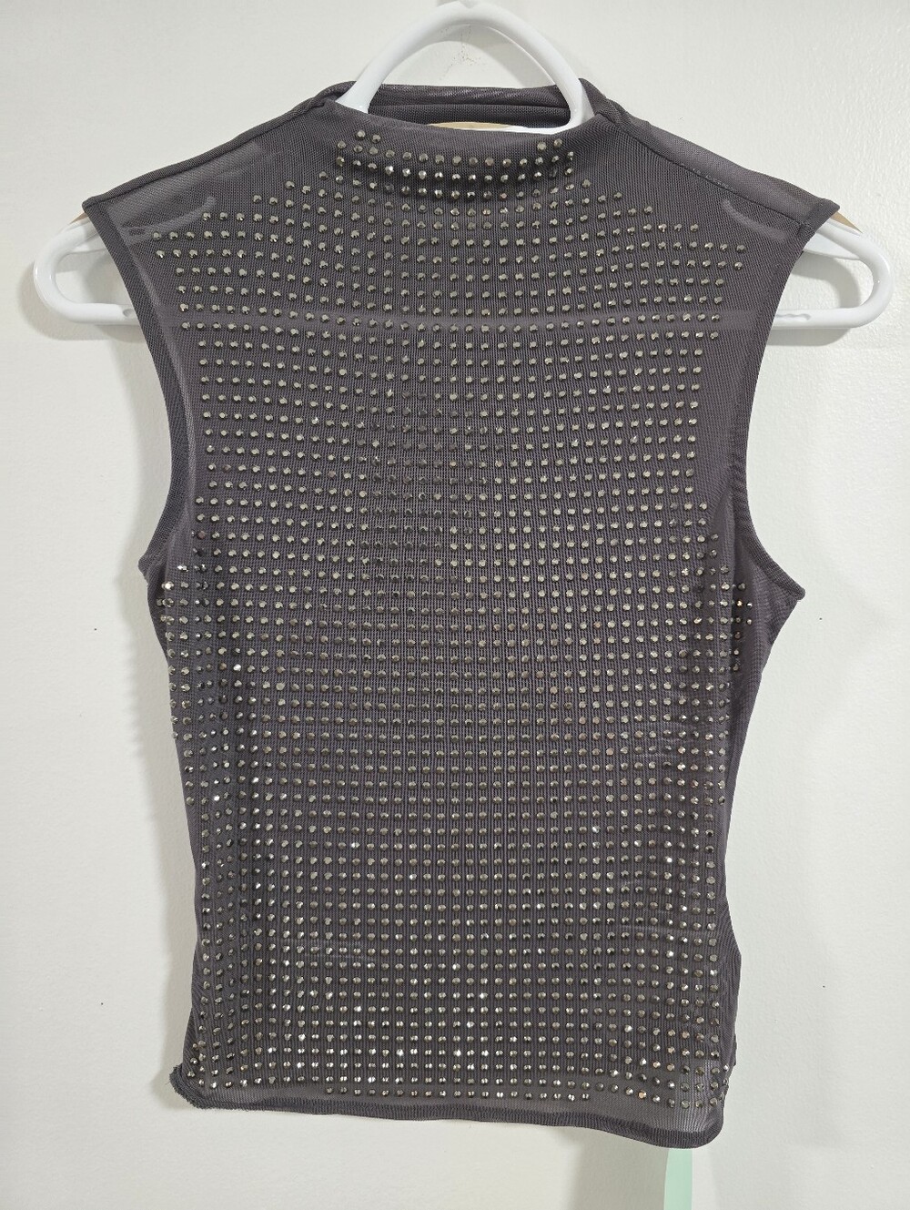KIZN Studded Sleeveless Mock Neck Top Gray Studs Sparkle Semi Sheer Size Xs